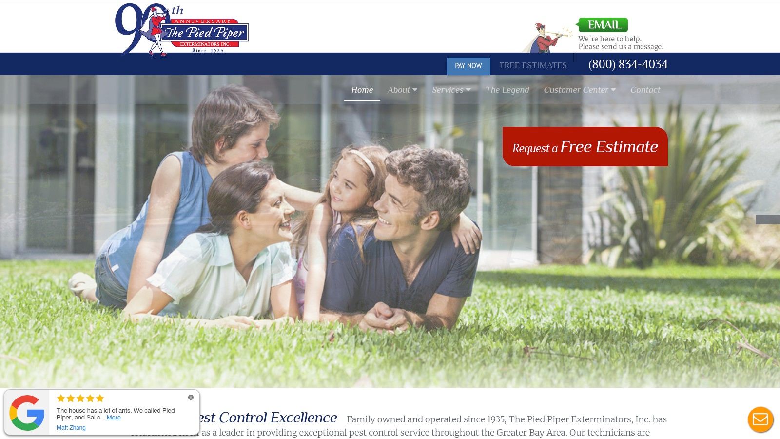 A screenshot of The Pied Piper Exterminators, Inc. website, showcasing their long-standing history and contact information for their local branches.