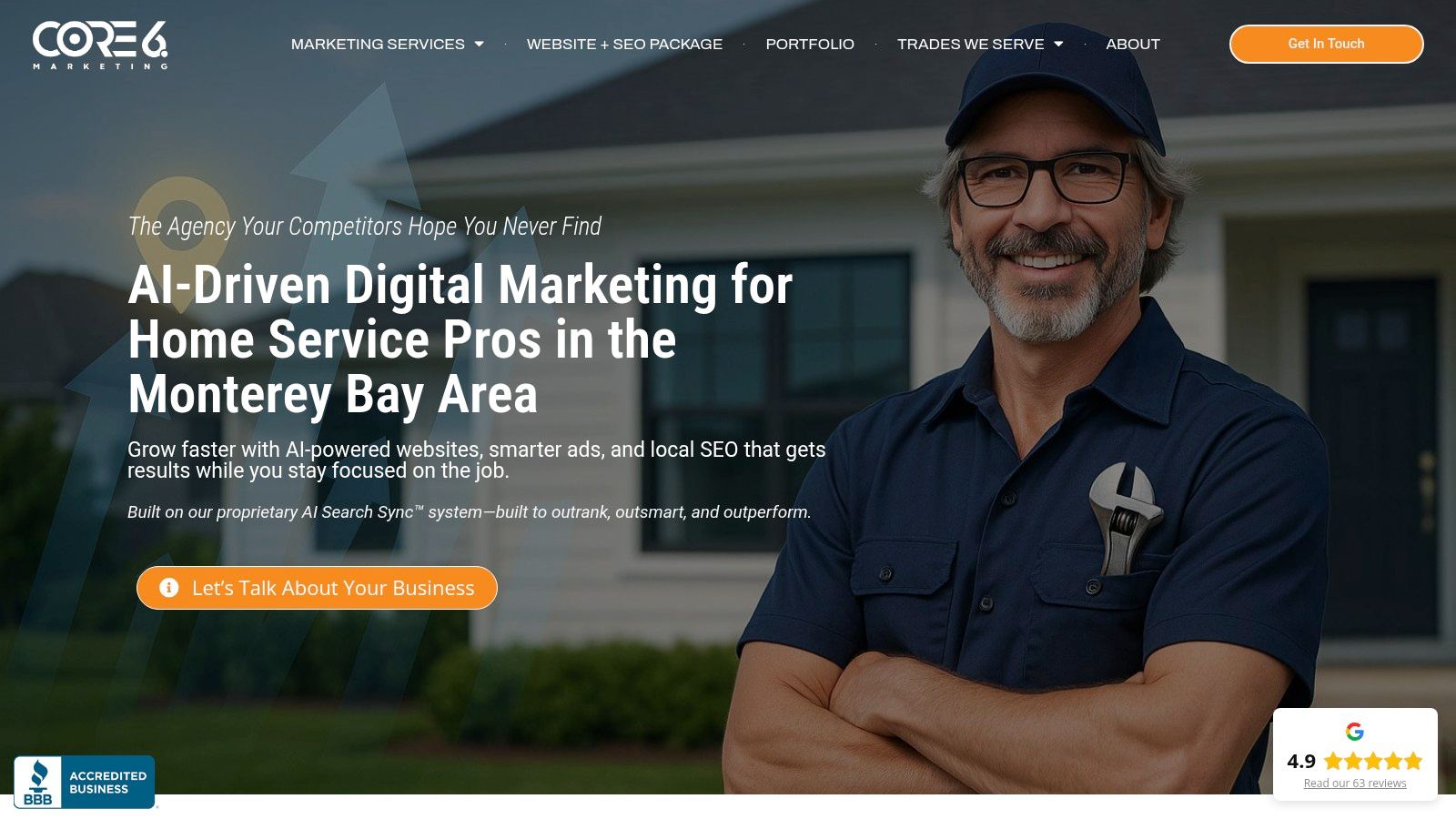 A screenshot of the Core6 Marketing website homepage, highlighting its focus on home service contractors.