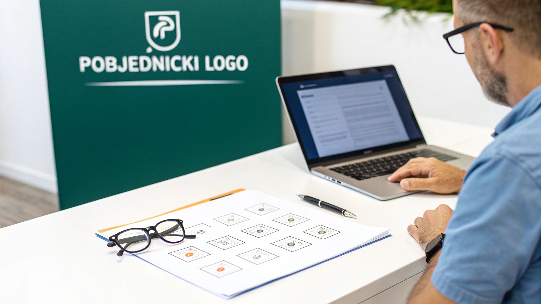 Žena analizira različite prijedloge dizajna logotipa na stolu