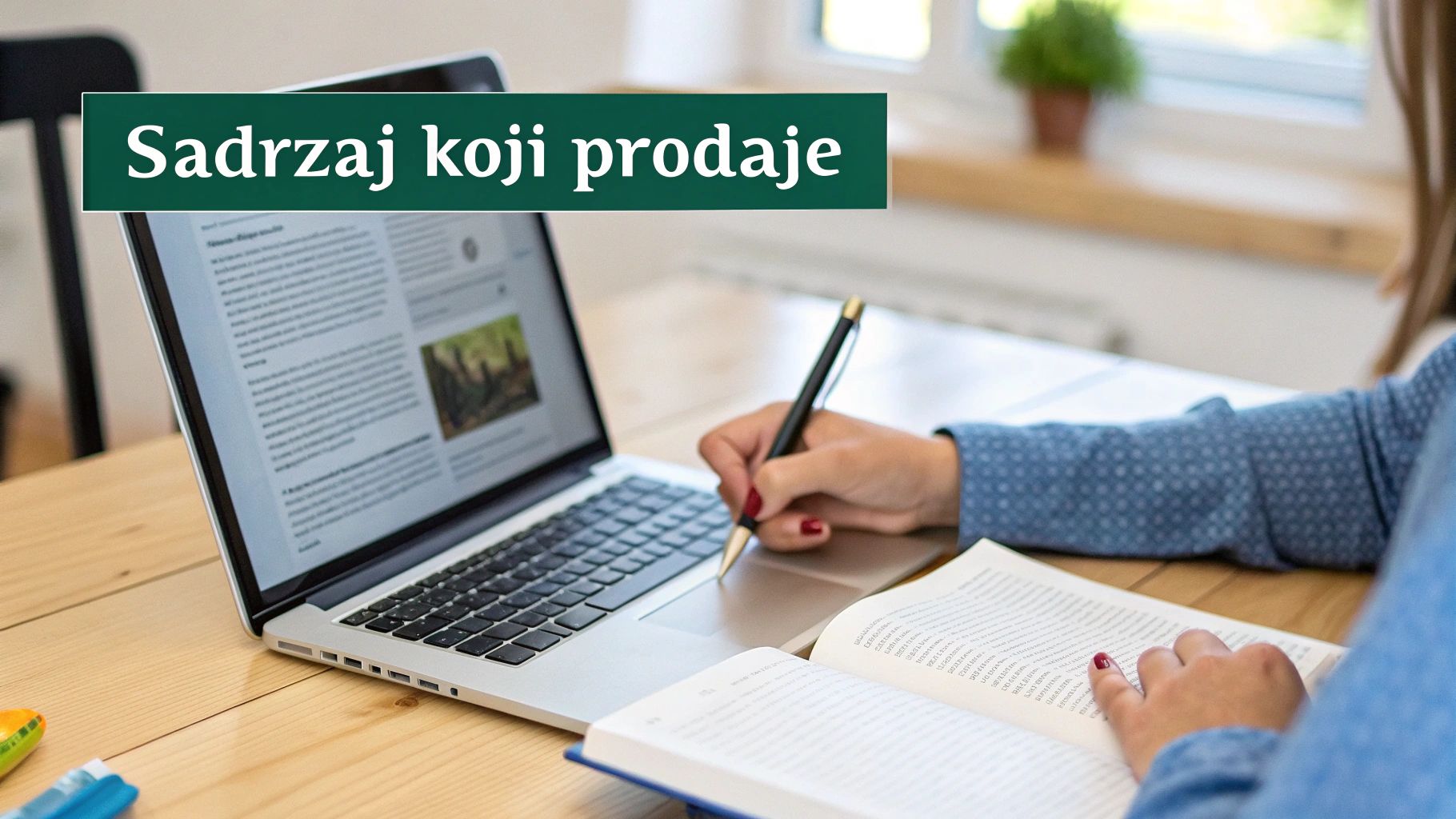 Osoba koja piše na laptopu okružena ikonama koje simboliziraju stvaranje sadržaja i SEO