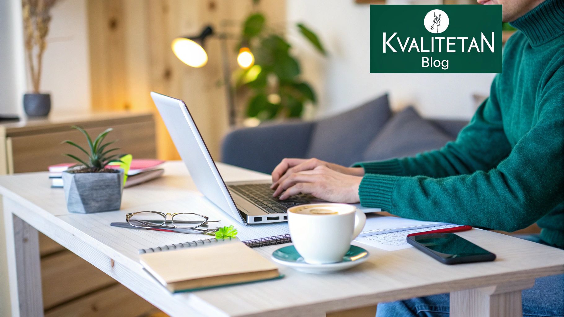 Moderni uredski prostor s laptopom i bilješkama, simbolizira planiranje blog sadržaja