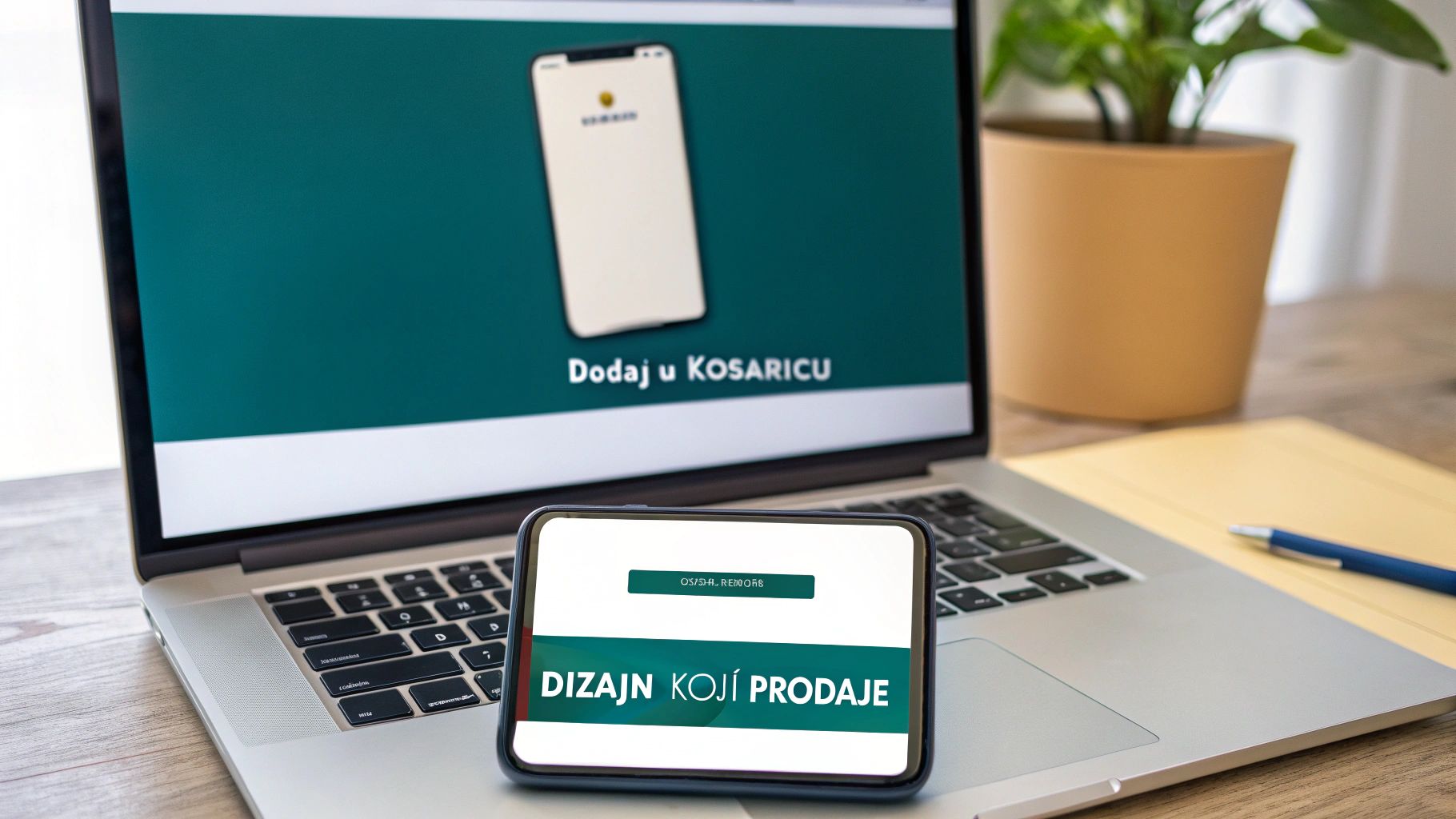 Žena pregledava web shop na mobitelu i računalu