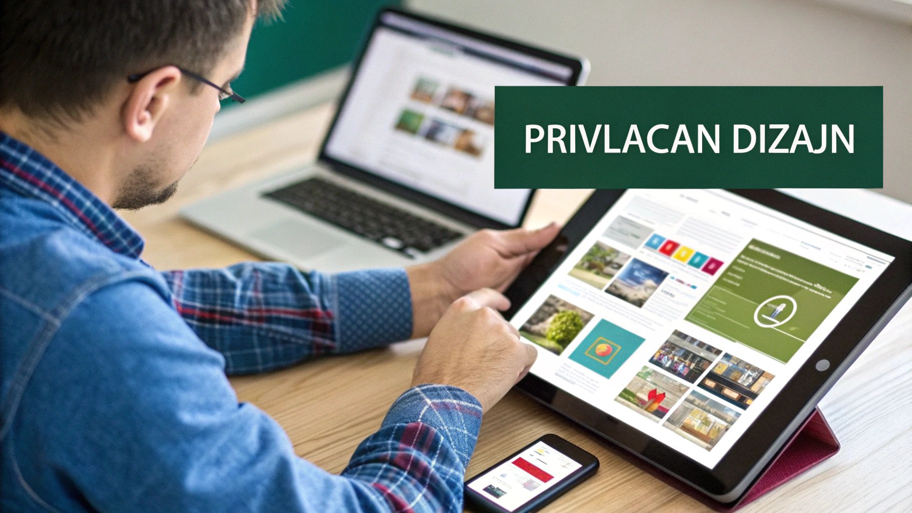 Osoba koja radi na dizajnu web stranice, okružena paletama boja i skicama