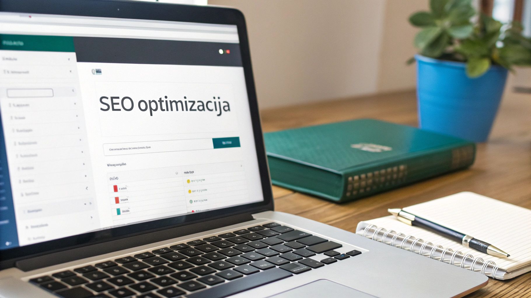 Osoba koja na laptopu radi optimizaciju WordPress blog posta, s vidljivim elementima SEO plugina.