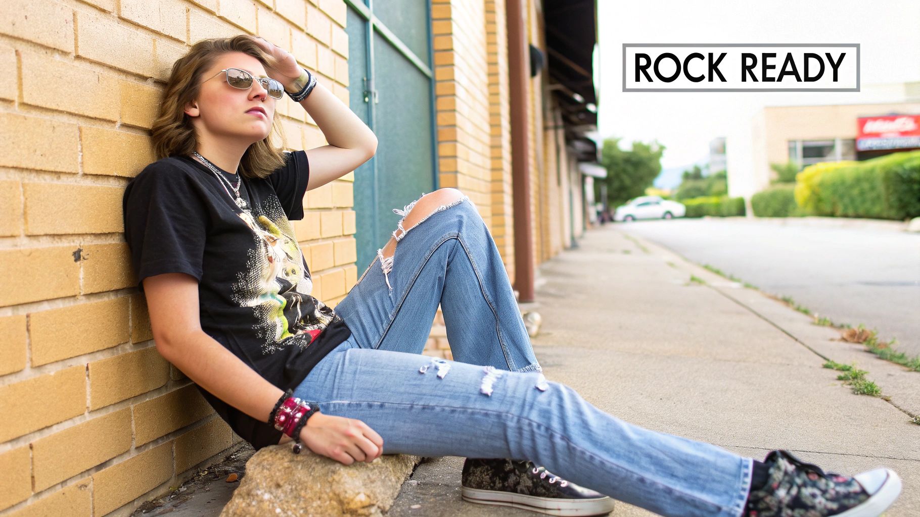 Distressed Jeans with Band Tee
