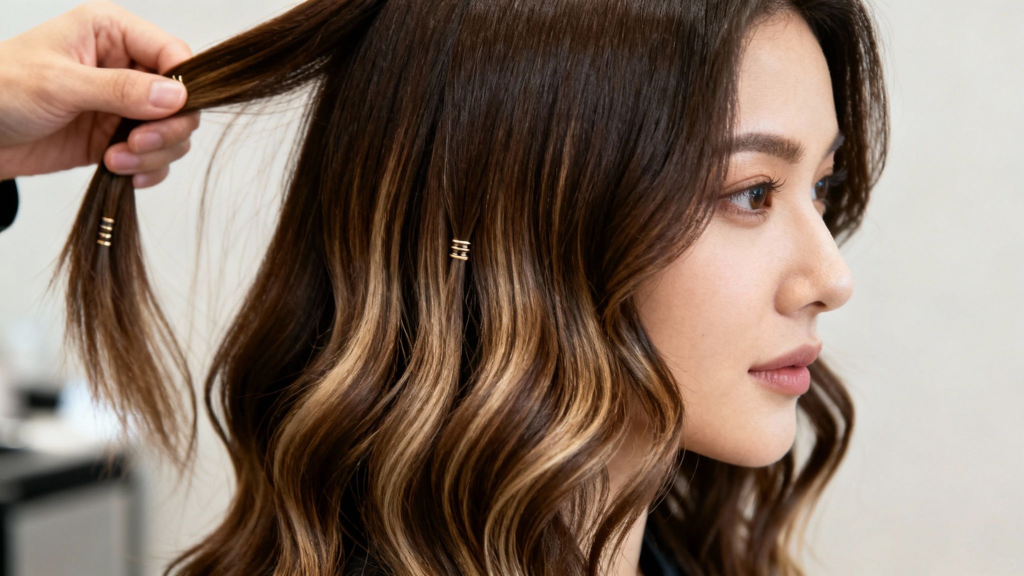 Una mujer con cabello balayage castaño y mechas claras, con anillos dorados, siendo peinada por un estilista.