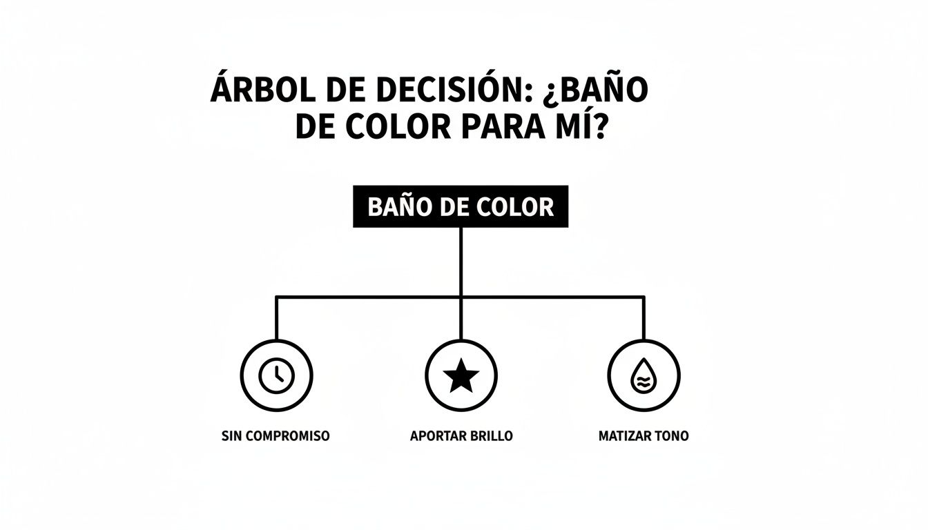 Árbol de decisión sobre baños de color para el cabello, mostrando opciones: sin compromiso, aportar brillo o matizar tono.