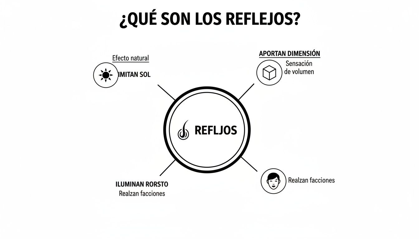 Infografía que explica los beneficios de los reflejos en el cabello, incluyendo efecto natural, dimensión y realce de facciones.