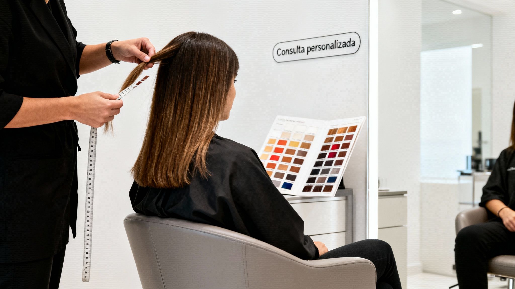Peluquera comparando el color de cabello de una clienta con una tabla de tintes para una consulta personalizada.