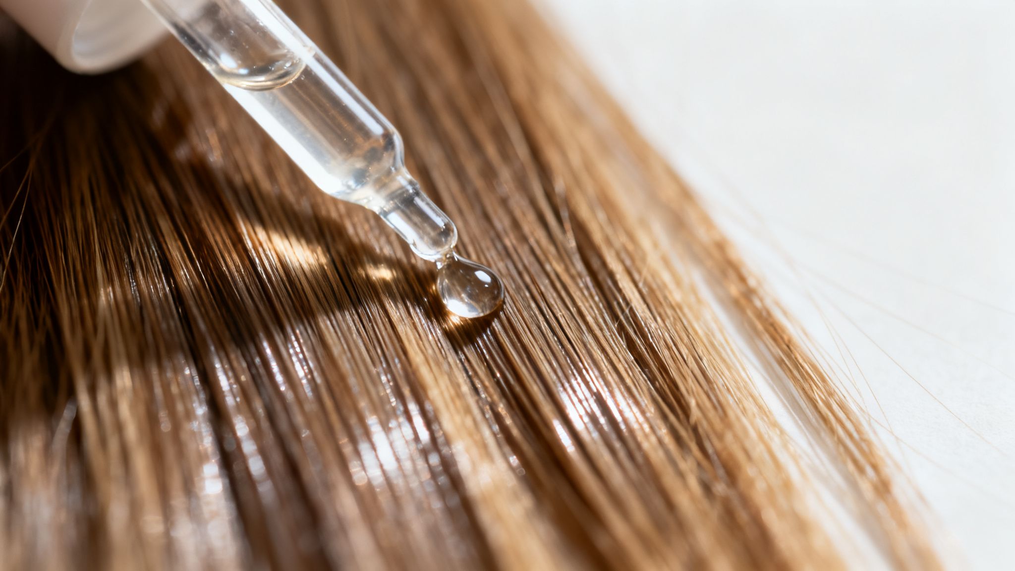 Gotero aplicando un suero o aceite sobre un mechón de cabello castaño claro, para hidratación y brillo.