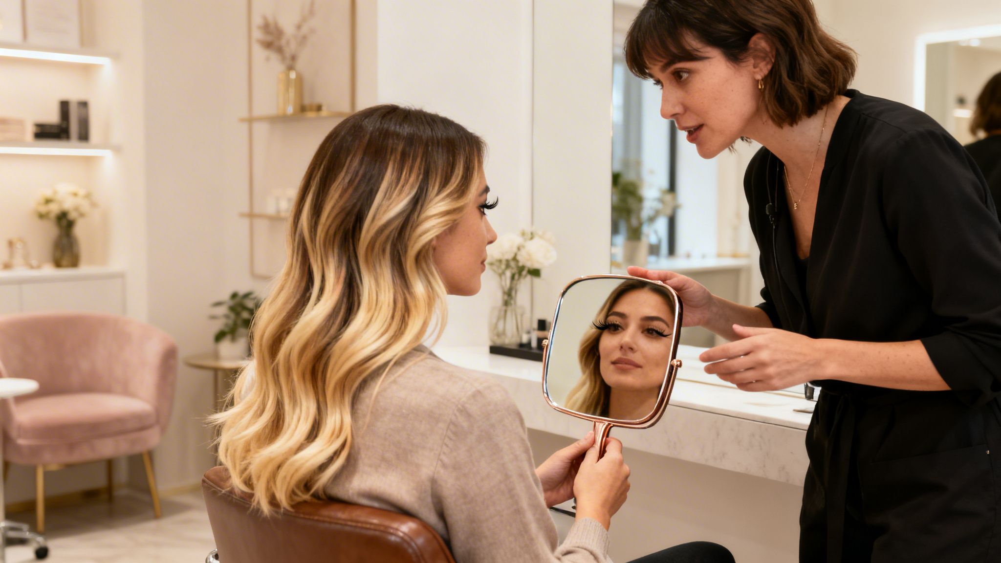 Clienta en salón de belleza mira su reflejo con pestañas realzadas, mientras esteticista explica el resultado.