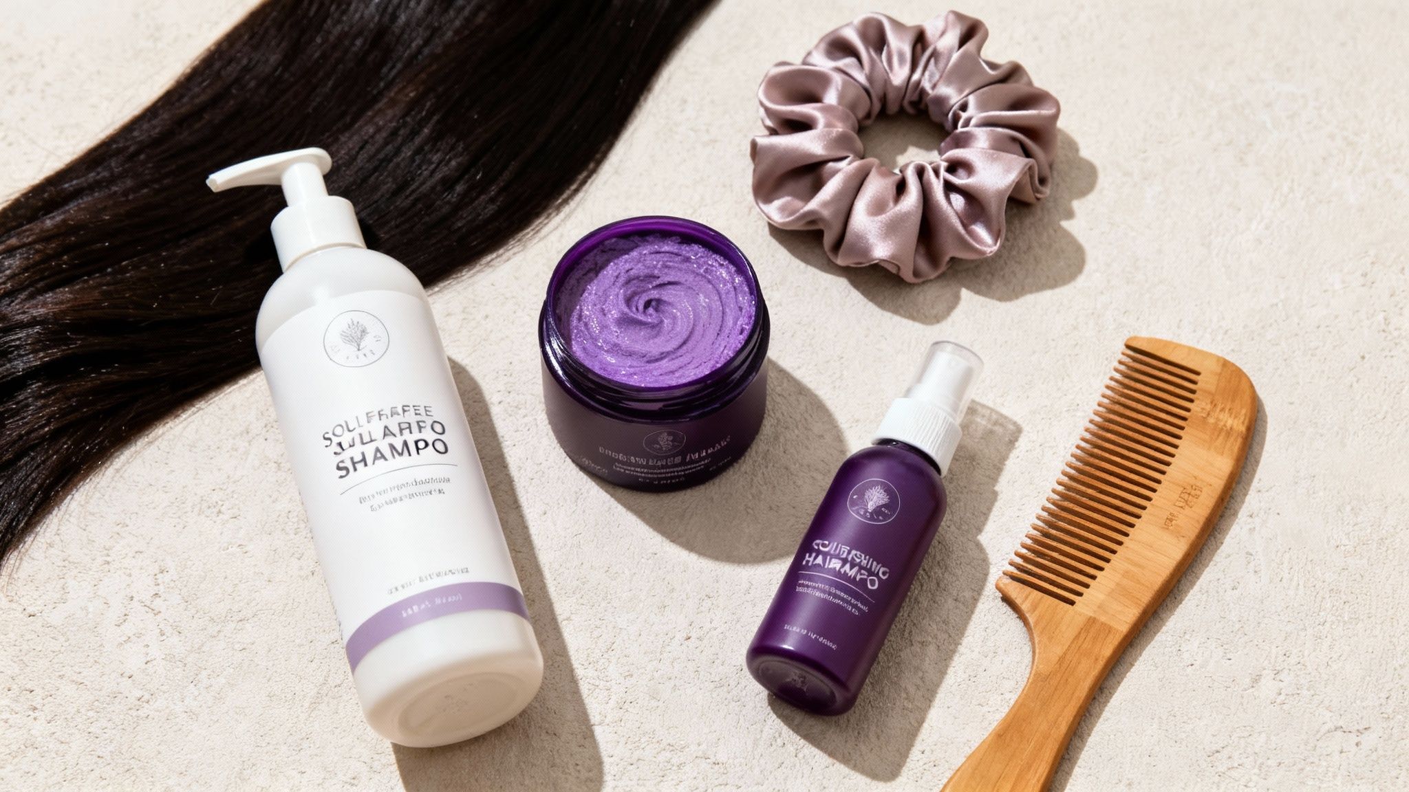 Productos de cuidado capilar morados para cabello con balayage, incluyendo champú, mascarilla, spray, peine y scrunchie.