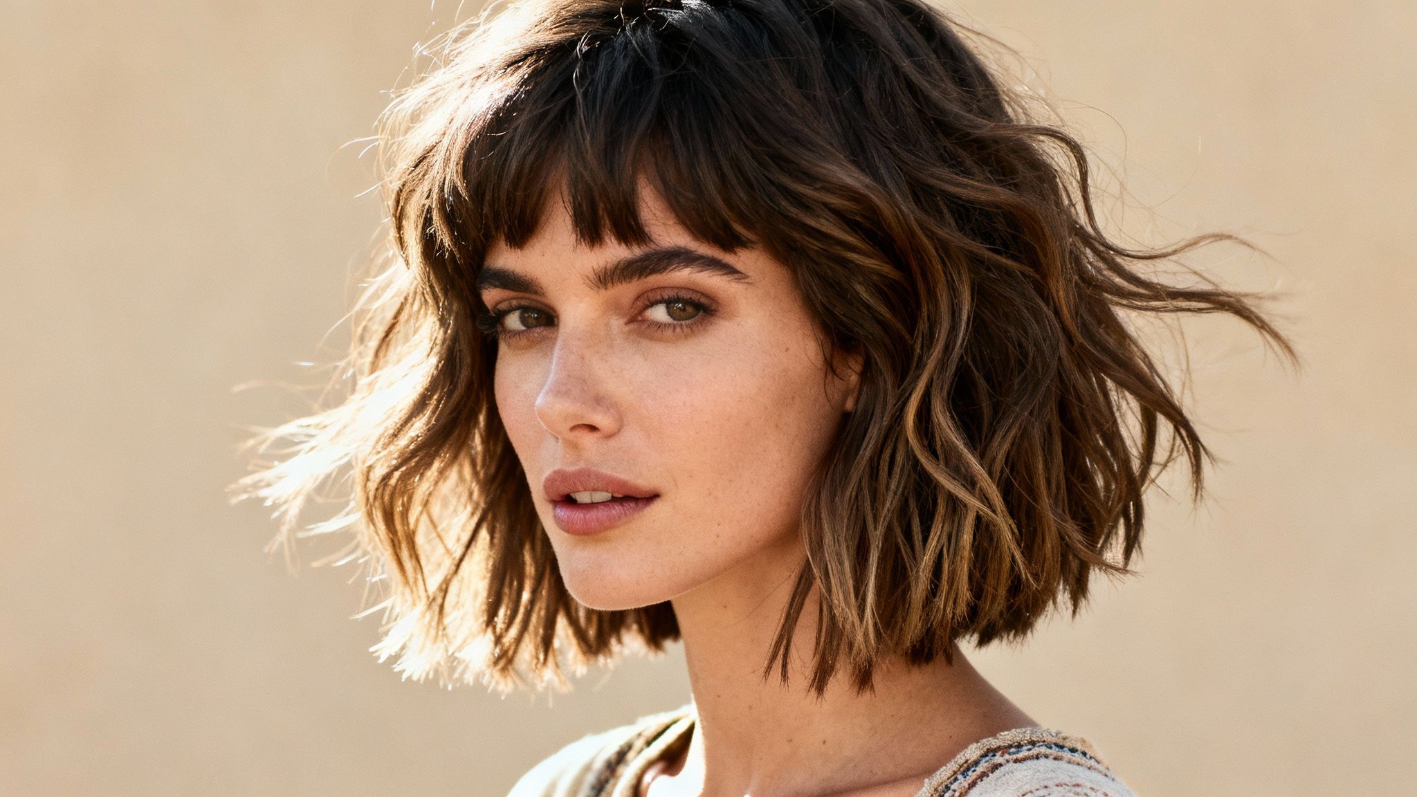 Retrato de mujer con cabello castaño ondulado y flequillo, resaltado por la luz del sol.