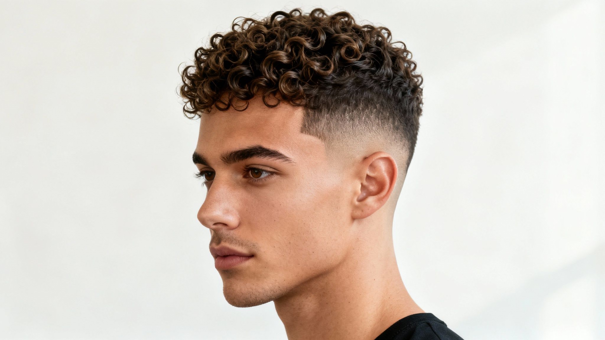 Hombre joven con peinado moderno de rizos en la parte superior y desvanecido en los laterales