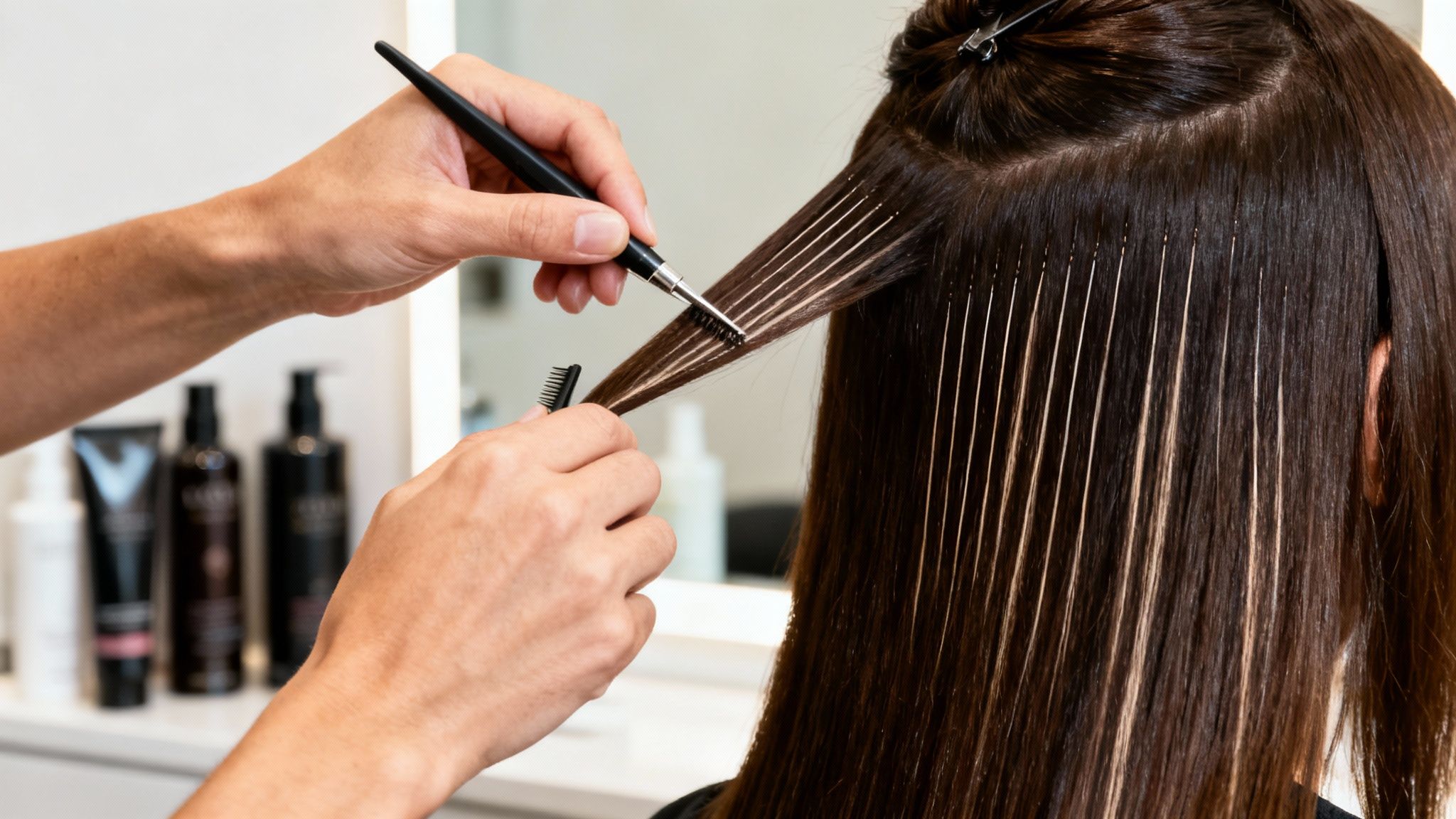 Manos de estilista aplicando delicados babylights en cabello oscuro de mujer, mostrando el proceso de coloración.