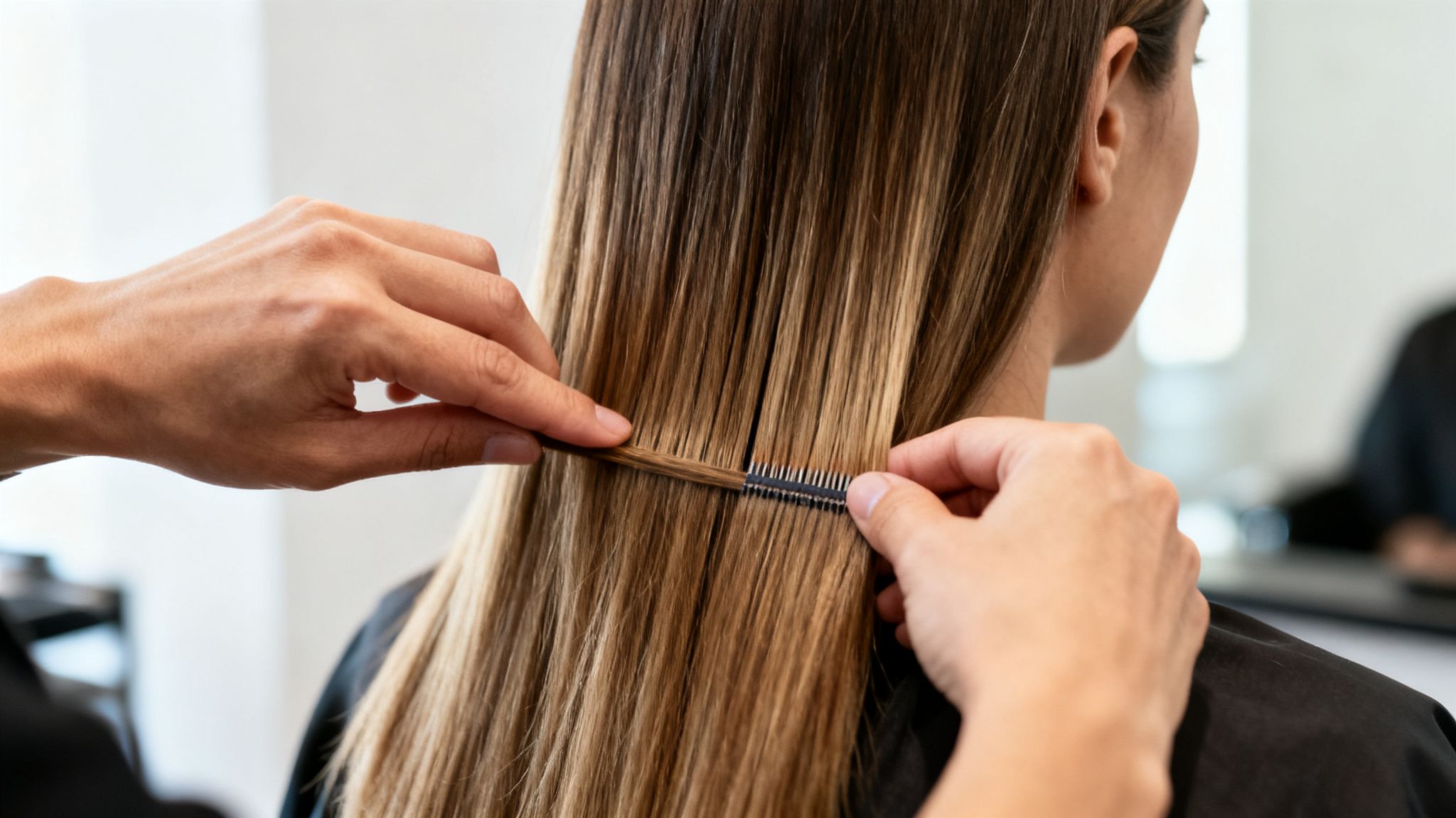 Primer plano de un estilista peinando el pelo largo y brillante de una mujer en una peluquería.