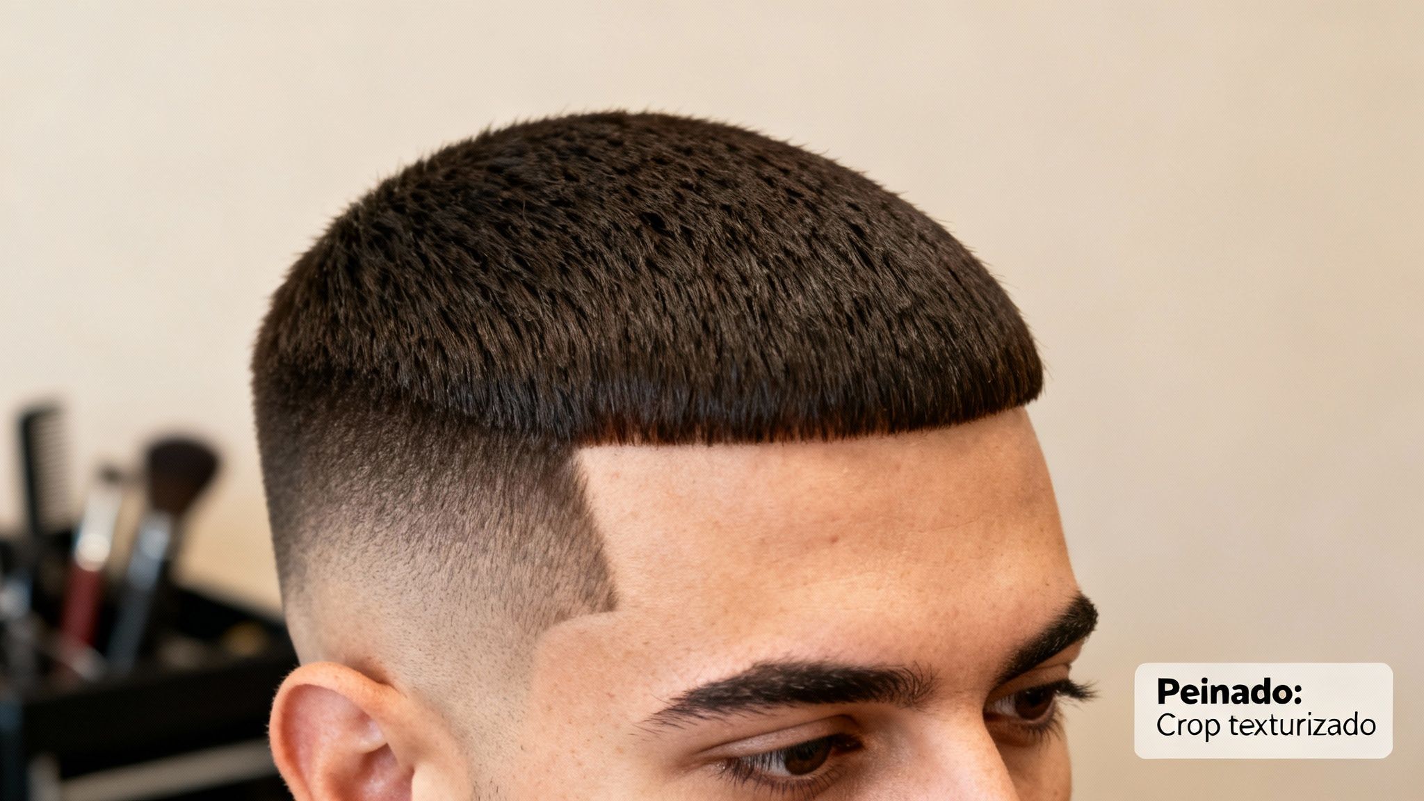 Primer plano de un corte de pelo crop texturizado para hombre con flequillo recto y degradado.