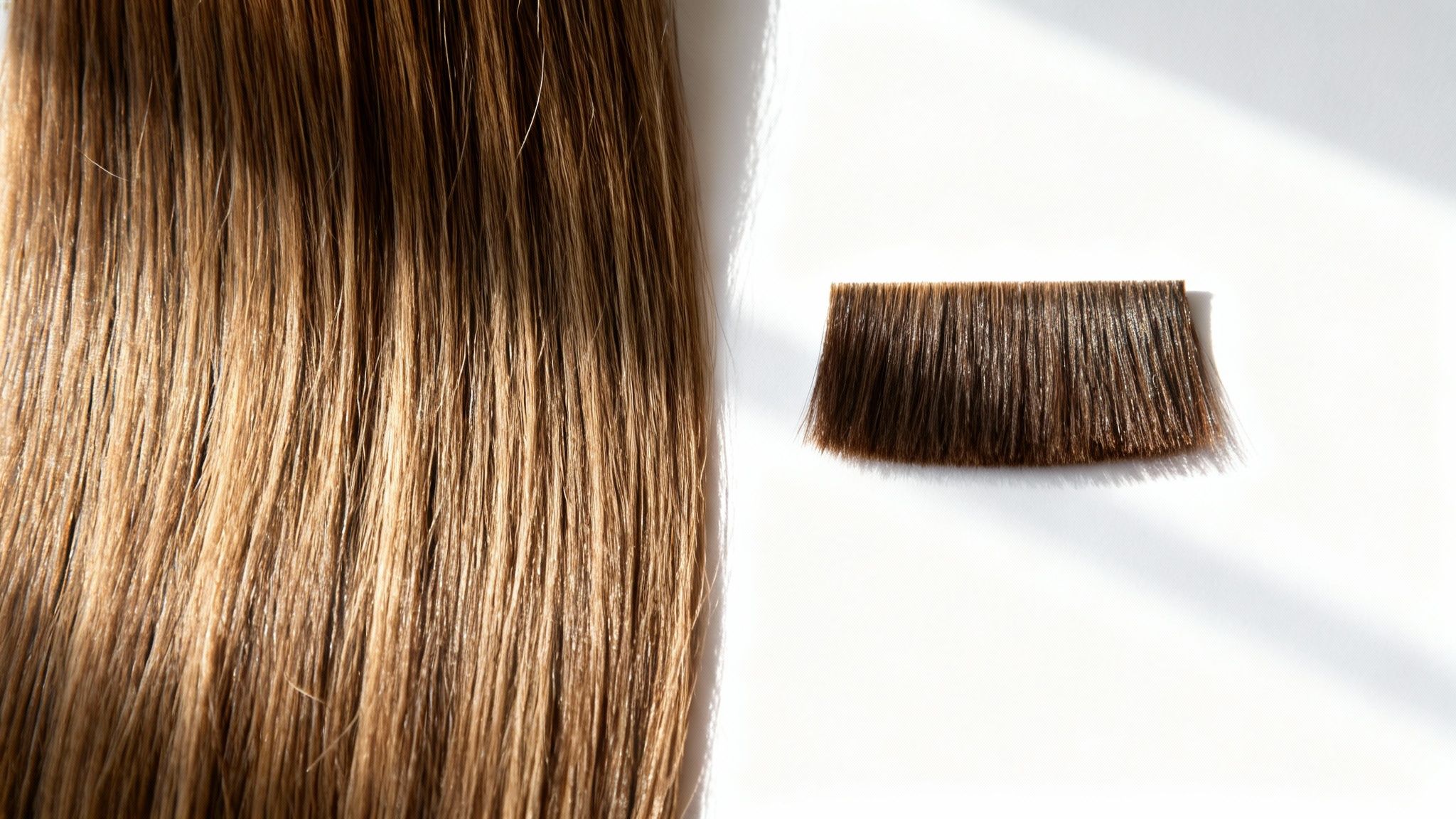 Comparación de extensiones de cabello humano de colores castaños mostrando textura y calidad del pelo