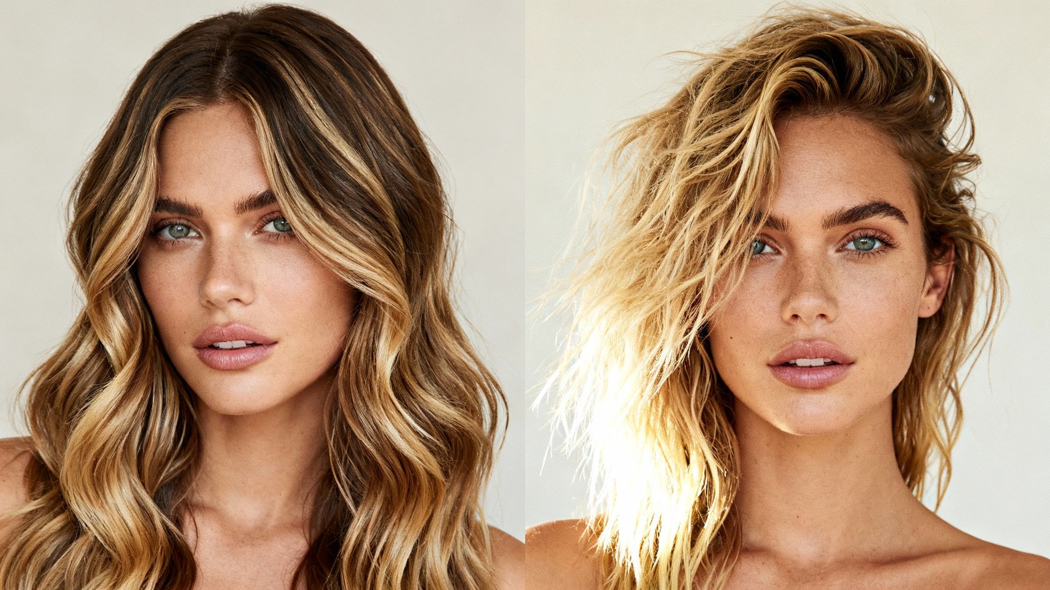 Retratos de dos mujeres con diferentes tonos de cabello ondulado, desde balayage hasta rubio claro.