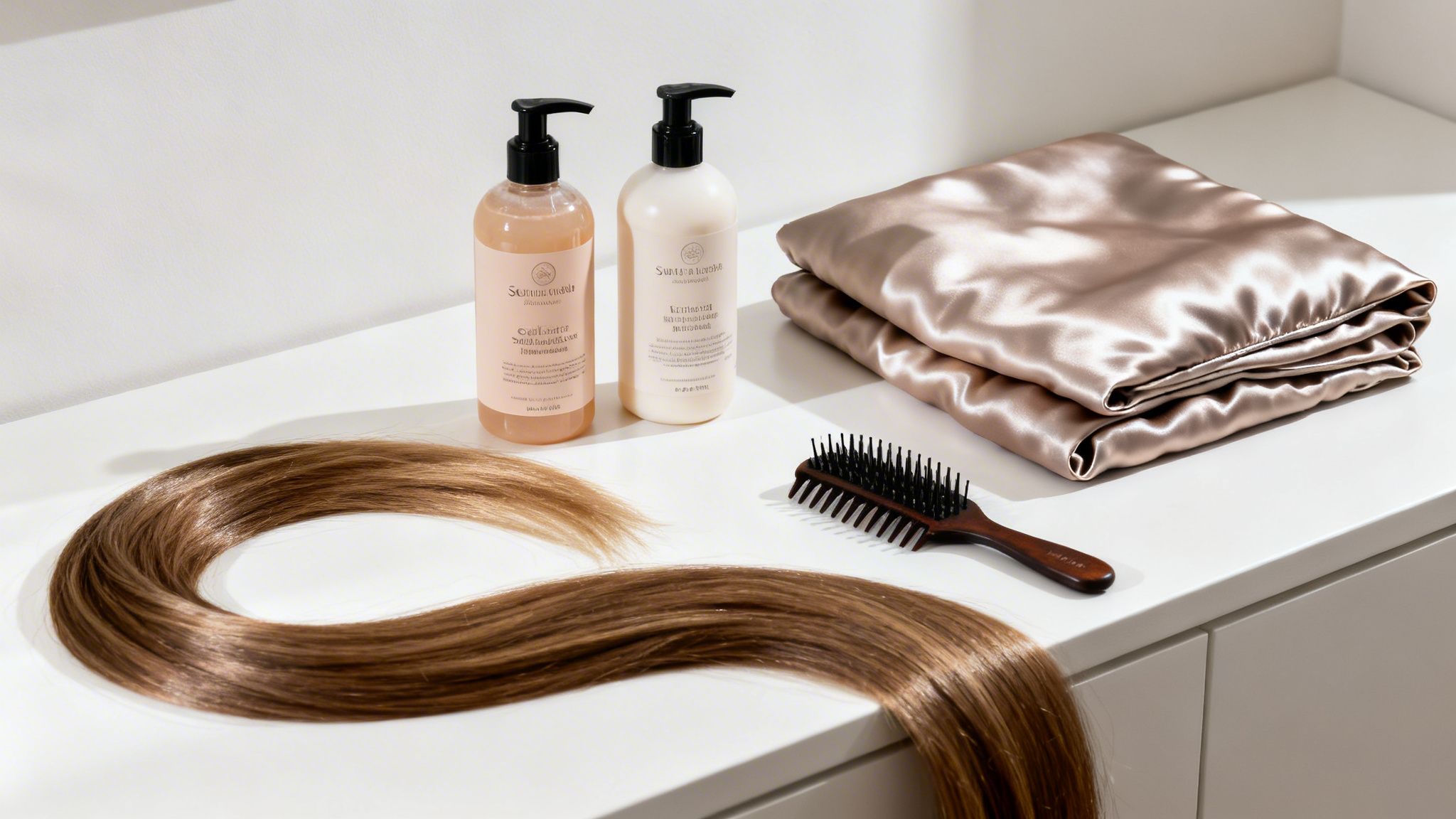 Productos para el cuidado del cabello, champú, acondicionador, cepillo, funda de almohada de seda y cabello castaño liso sobre una superficie blanca.