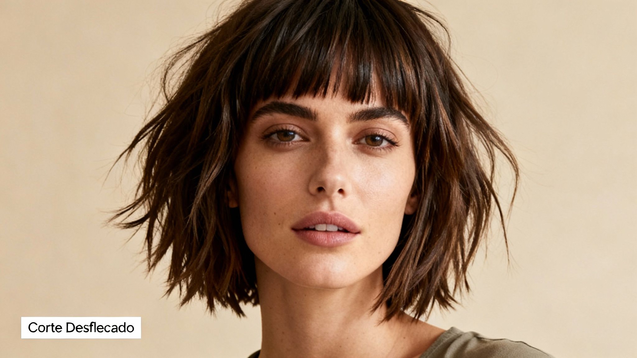 Retrato de una mujer con un corte de pelo bob desflecado y flequillo, estilo moderno.