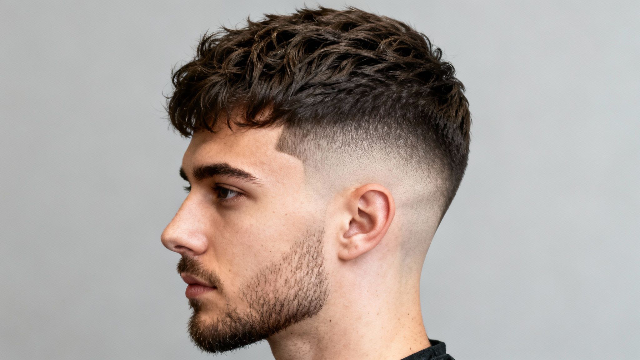 Primer plano de un hombre con un corte de pelo degradado, cabello rizado y barba, visto de perfil.