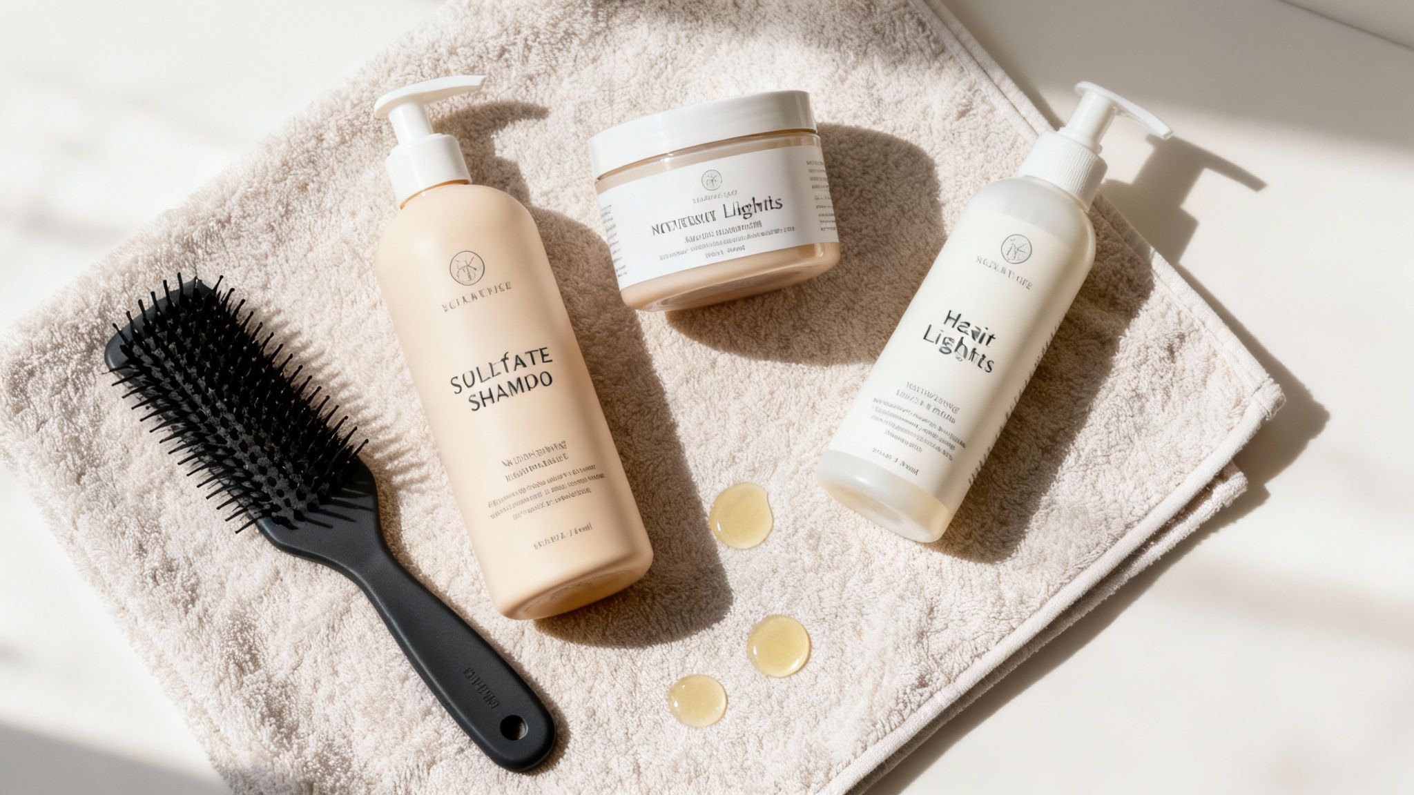 Productos para el cuidado del cabello en tonos neutros: champú, acondicionador, mascarilla y cepillo sobre una toalla.