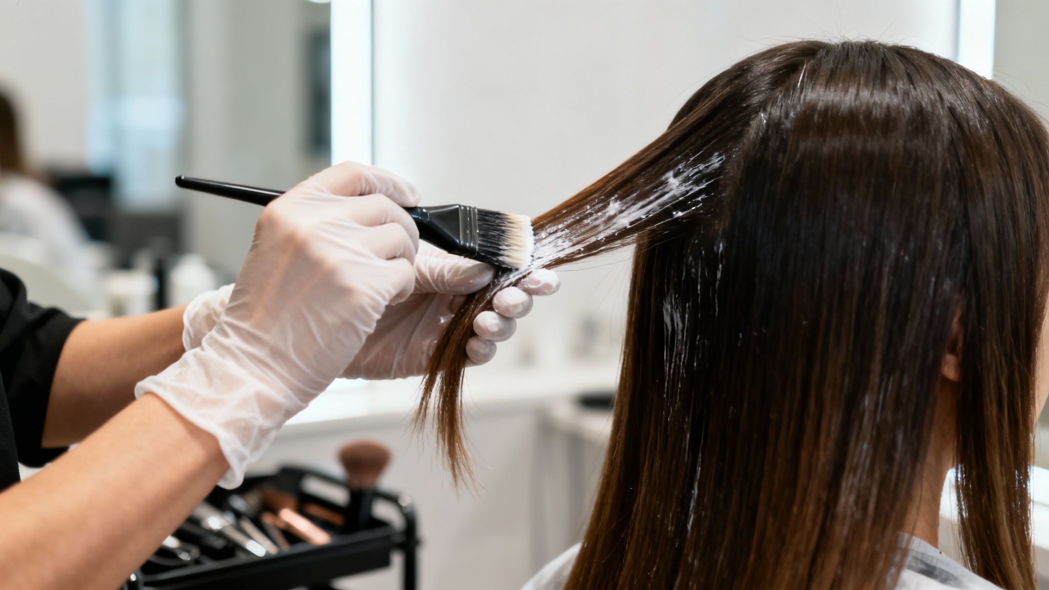 Una estilista aplicando un tratamiento capilar a una clienta en un salón de belleza.