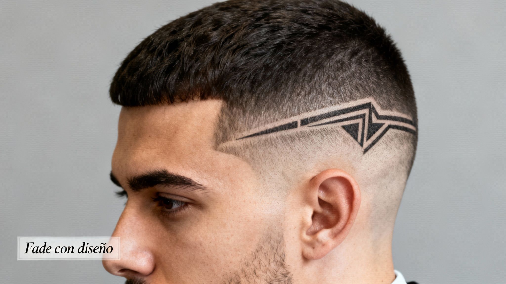 Primer plano de un hombre con un corte de pelo fade y un diseño geométrico afeitado en el lado.