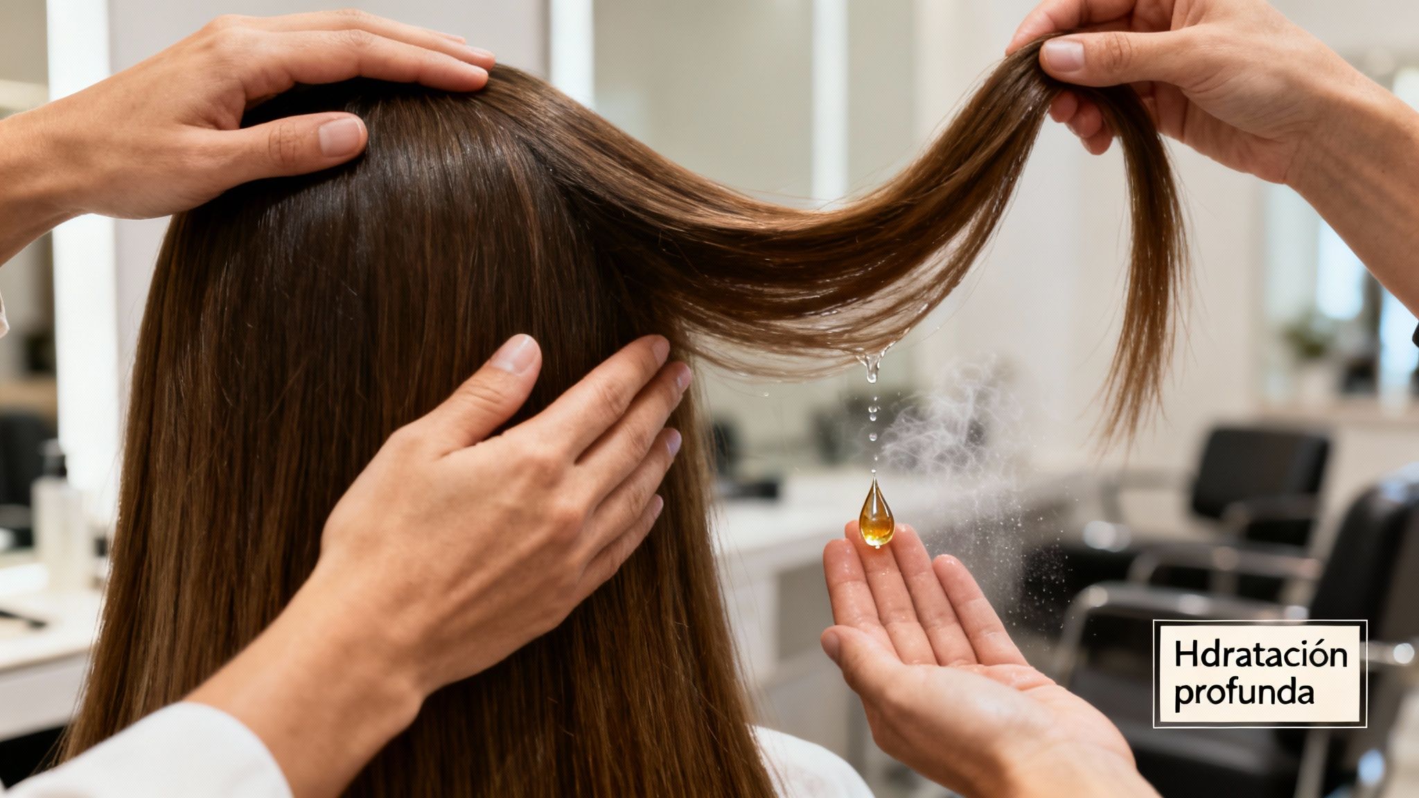 Manos aplicando un tratamiento de hidratación profunda con aceite al pelo castaño de una mujer en una peluquería.