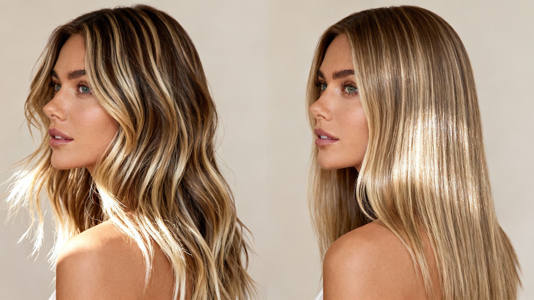 Una modelo mostrando un look balayage con contrastes suaves y movimiento.