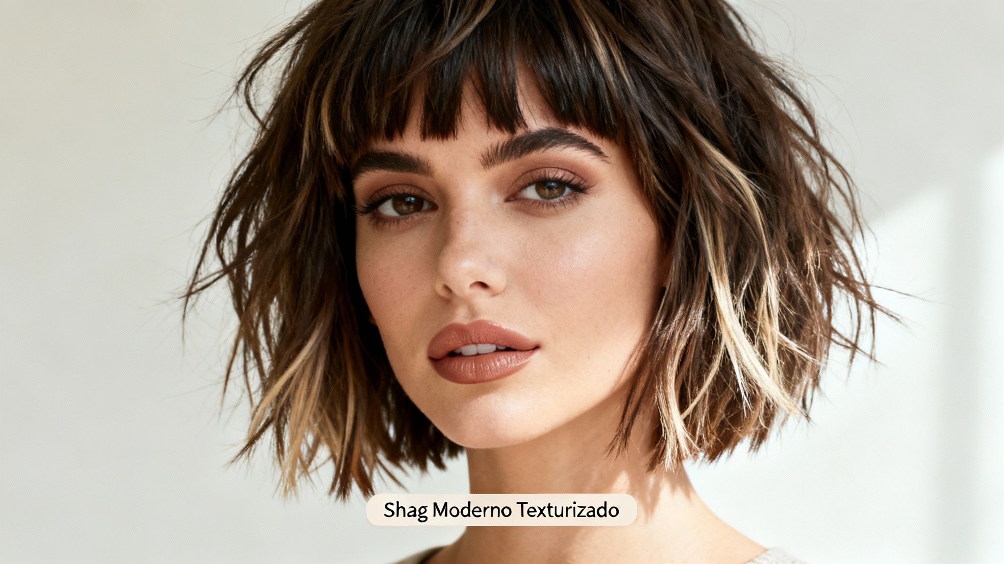 Mujer con corte de pelo shag moderno y texturizado, ojos marrones y labios nude.