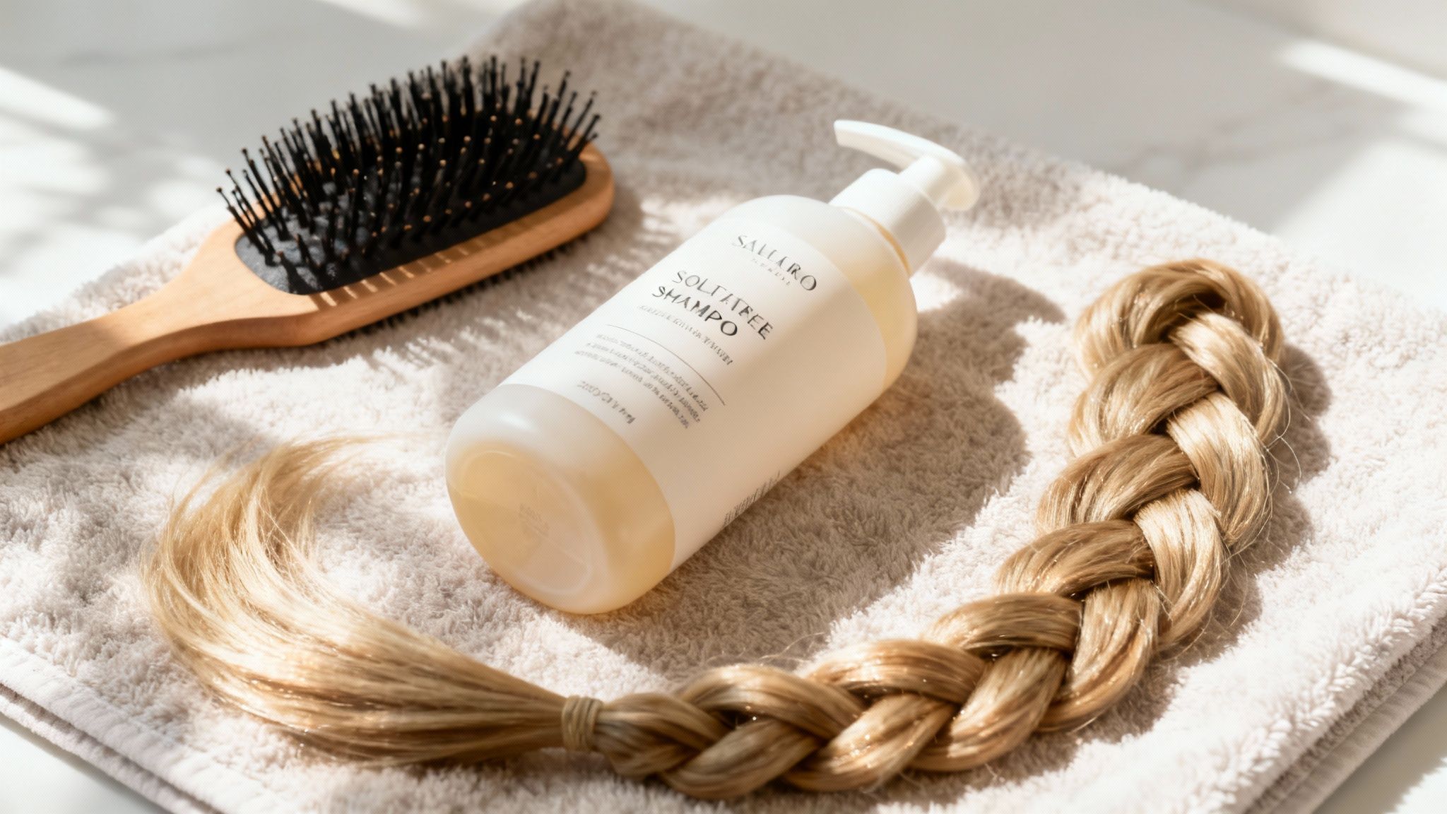 Champú profesional, cepillo de madera y extensiones de cabello rubio trenzadas sobre toalla blanca