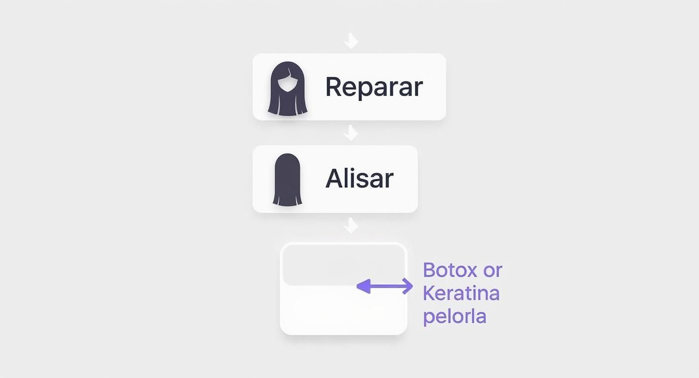 Diagrama de flujo con pasos para el tratamiento capilar: reparar, alisar, con opciones de bótox o keratina.