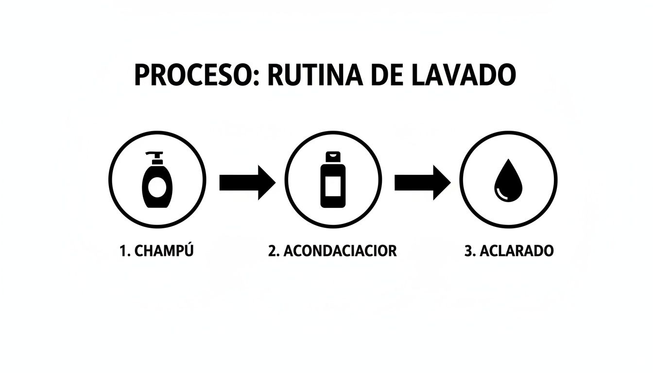 Diagrama de la rutina de lavado del cabello: 1. Champú, 2. Acondicionador, 3. Aclarado. Guía paso a paso.