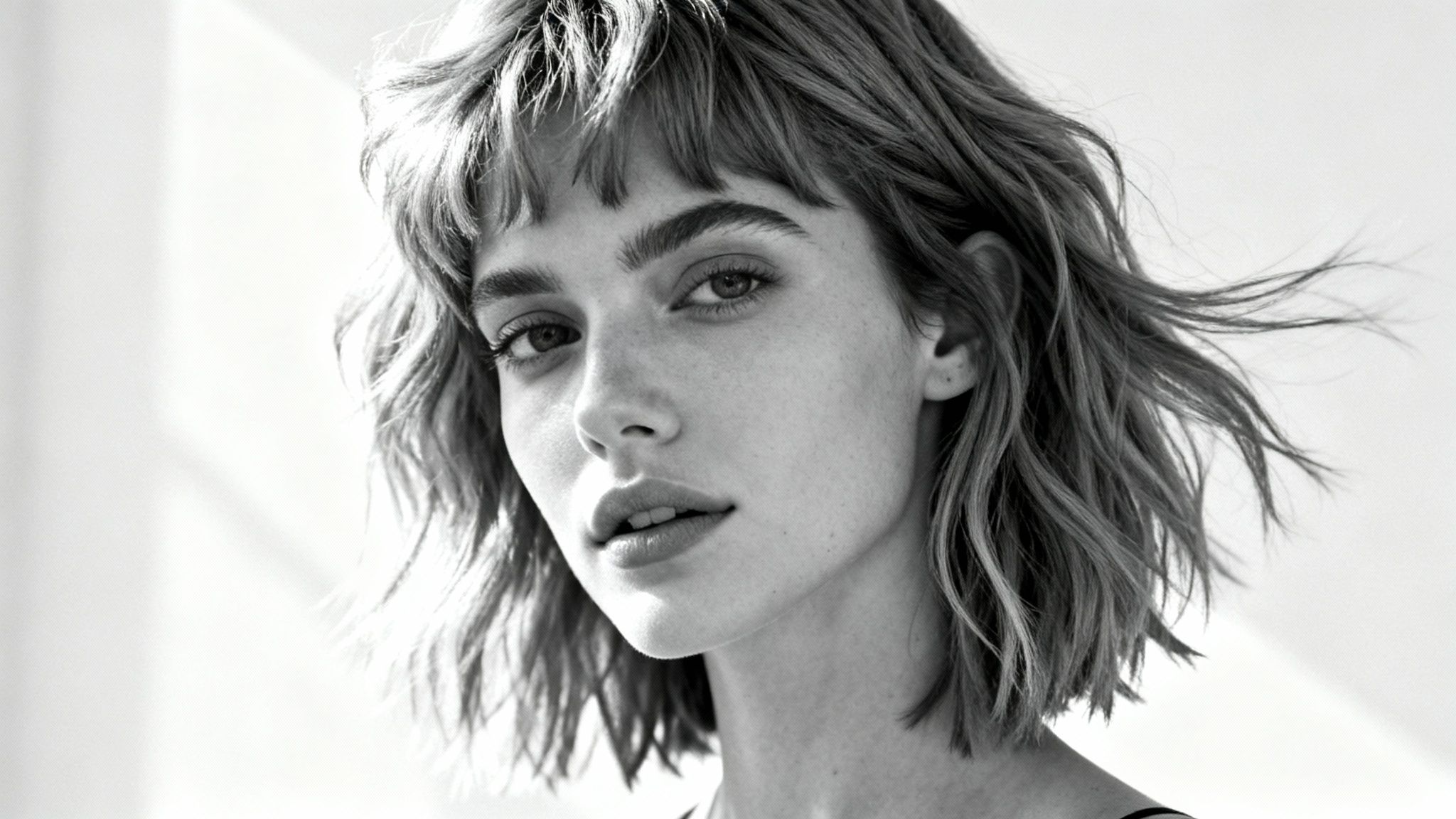 Primer plano en blanco y negro de una mujer joven con cabello ondulado corto y flequillo.