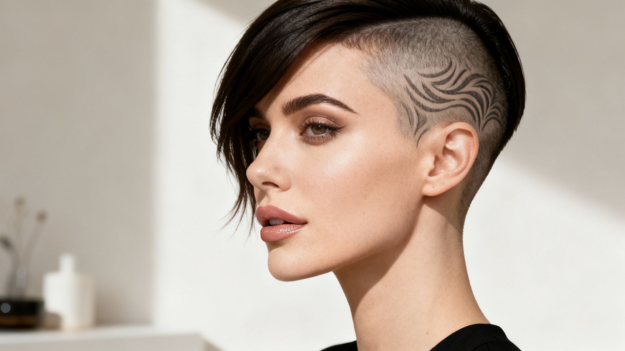 Una mujer con un corte de pelo rapado a un lado, un diseño artístico, cabello oscuro y maquillaje natural.