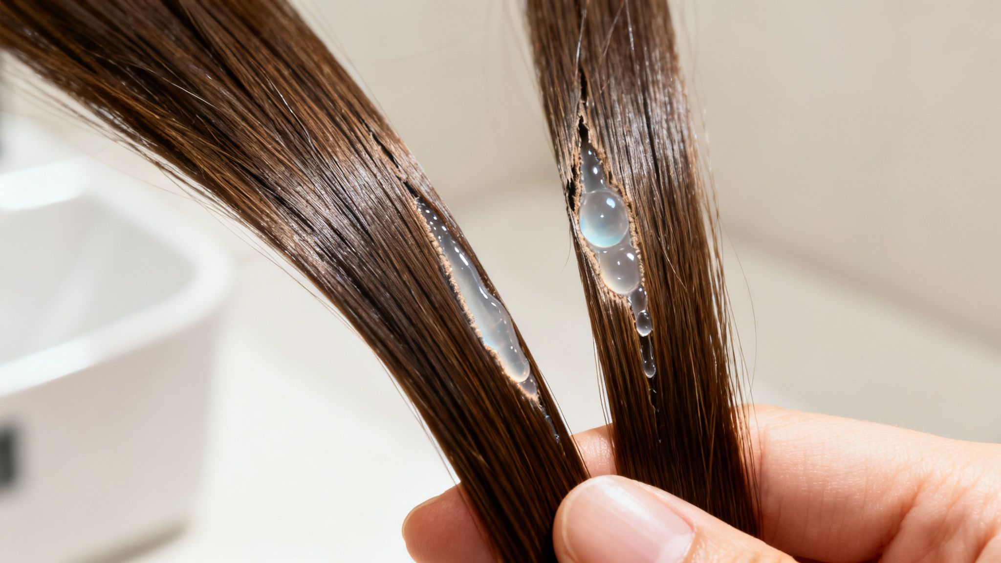 Una persona aplica tratamiento capilar tipo botox en dos mechones de cabello castaño.