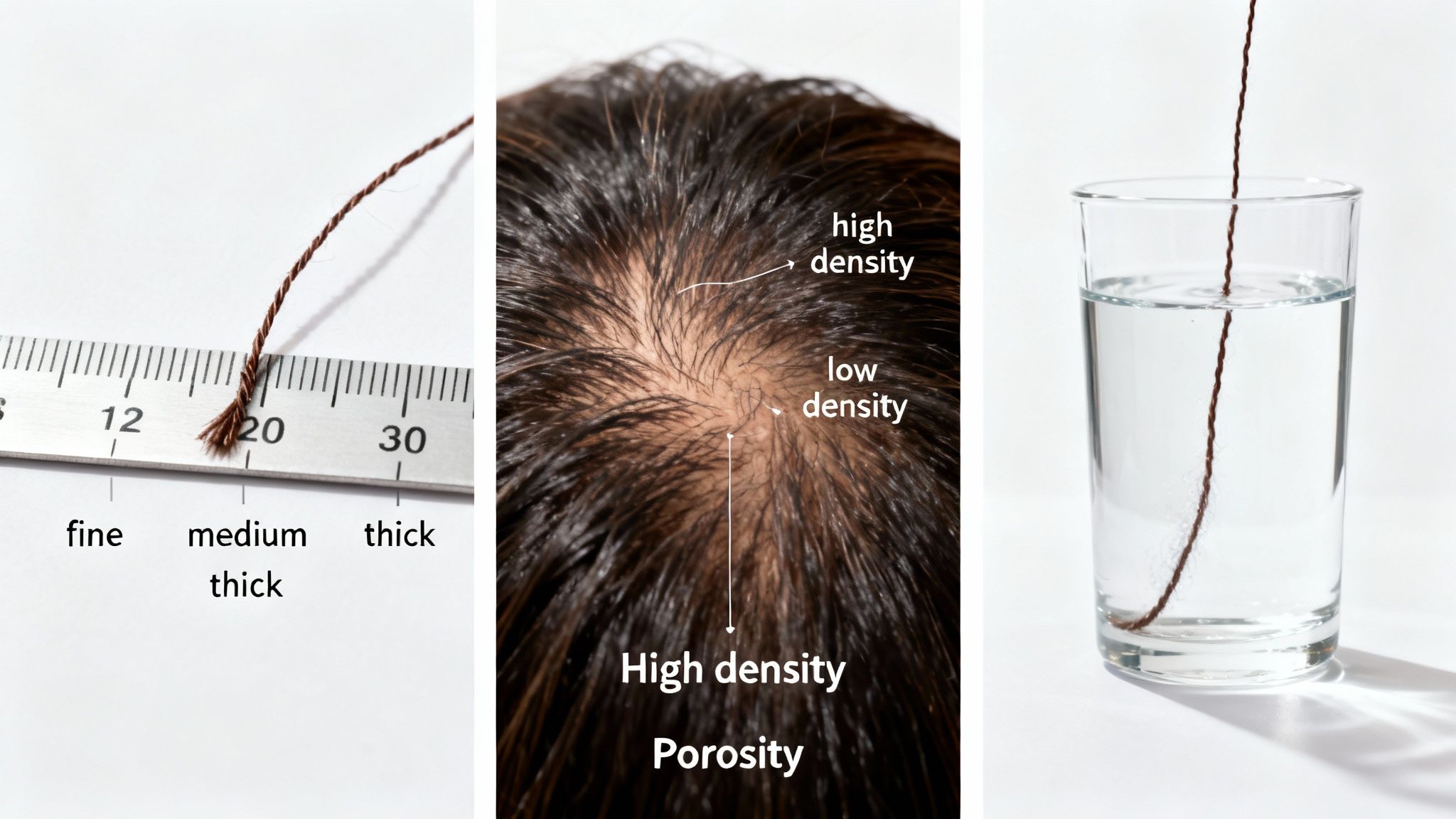 Demostración visual de grosor, densidad y porosidad del cabello femenino con ejemplos comparativos