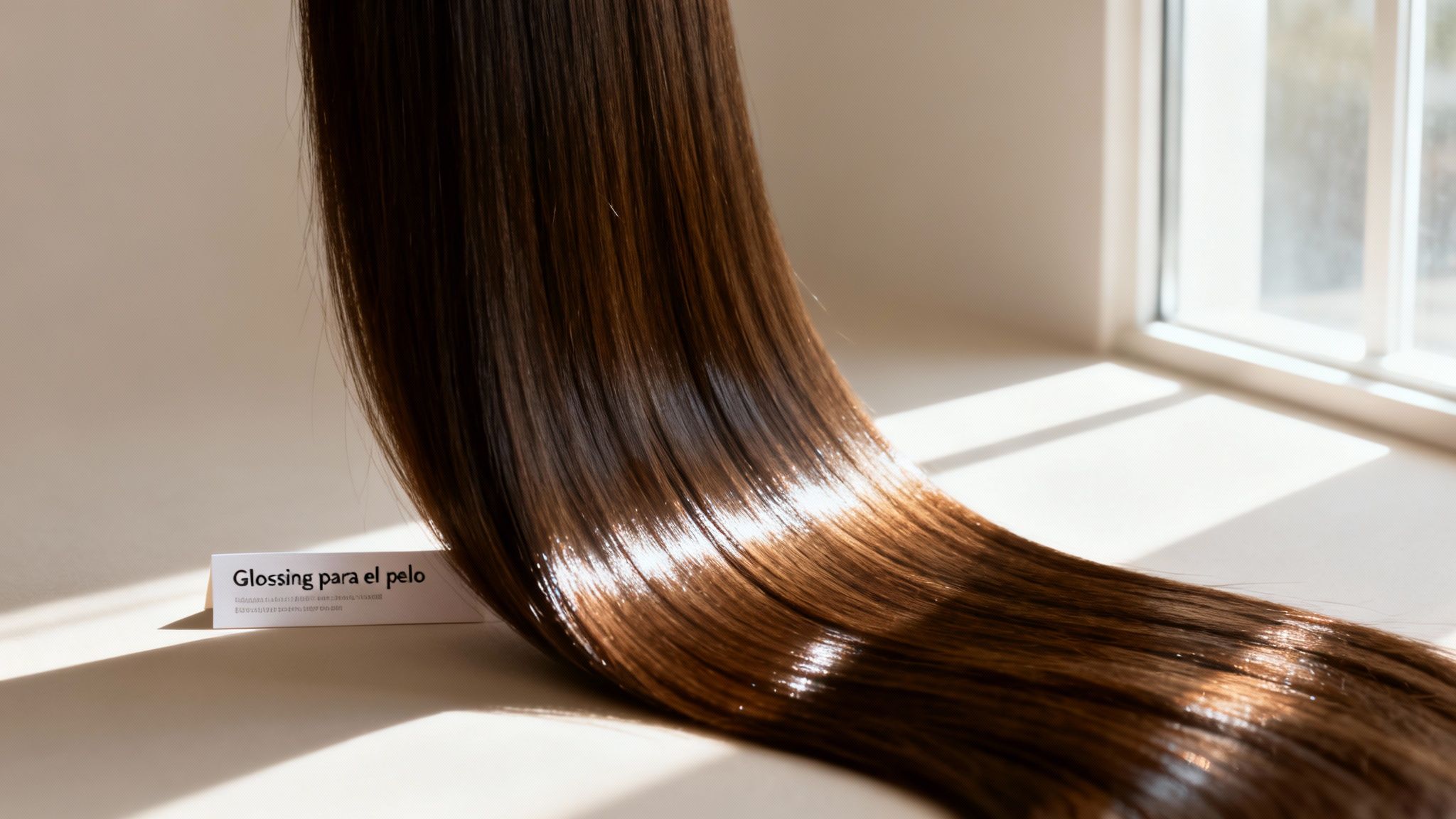 Cabello castaño largo y brillante sobre una superficie clara, con un letrero que dice 'Glossing para el pelo' y luz solar.