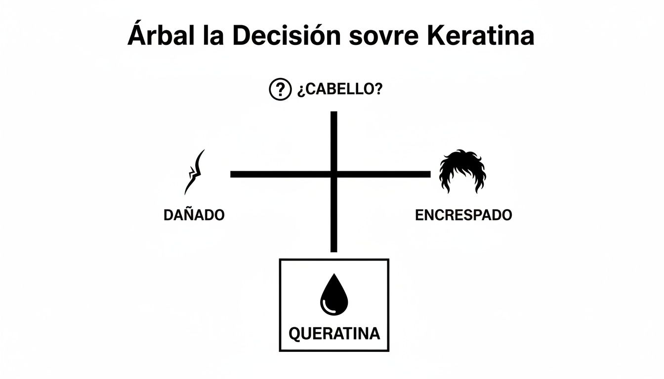 Árbol de decisión sobre si usar queratina para cabello dañado o encrespado, mostrando la solución de queratina.