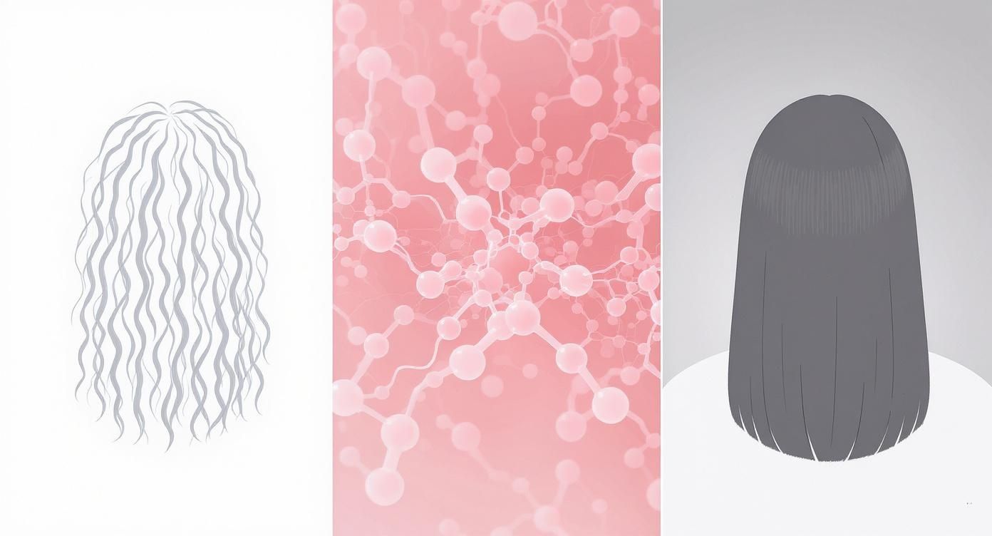 Una imagen triple que muestra pelo ondulado, una estructura molecular rosa y pelo liso por la espalda.