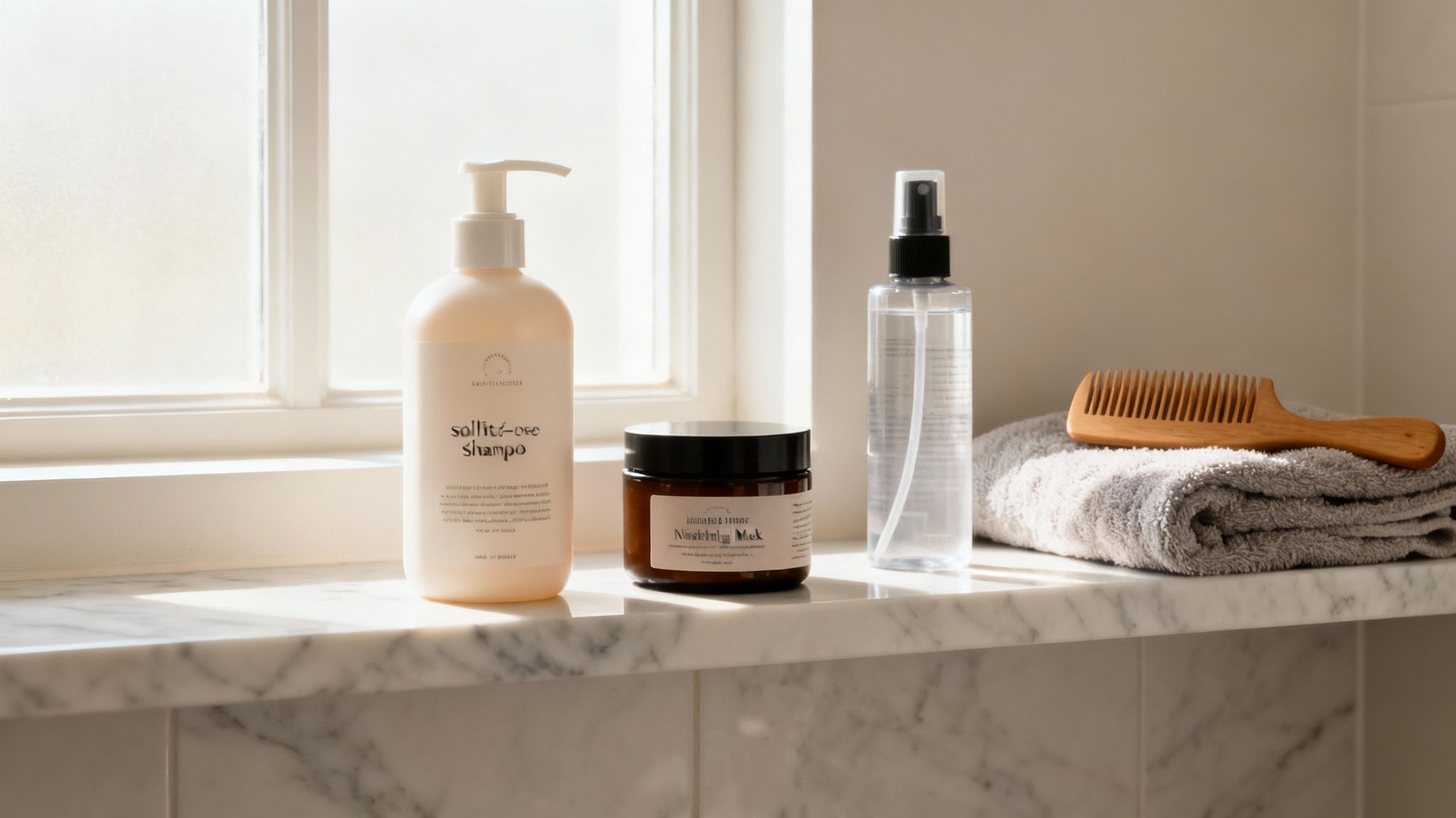 Productos para el cuidado del cabello, incluyendo champú, mascarilla, spray y peine, en un estante.