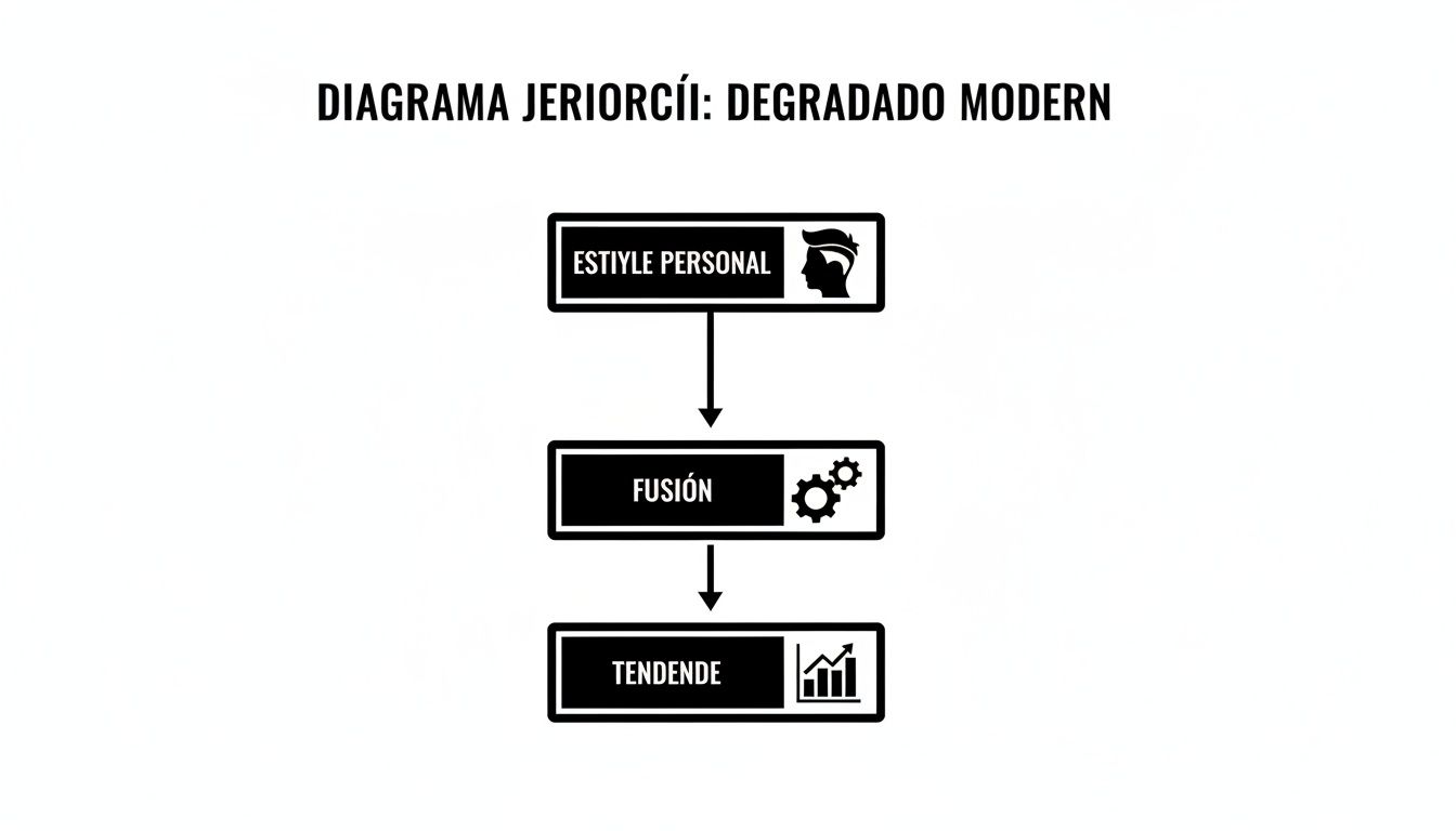 Diagrama que ilustra el proceso del 'Degradado Moderno', mostrando estilo personal, fusión de elementos y tendencias.