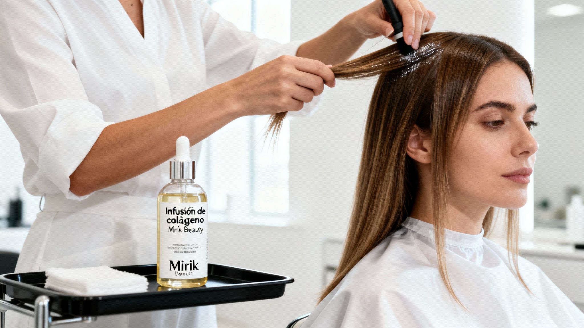 Estilista profesional aplica infusión de colágeno Mirik Beauty en el cabello de una clienta en salón.