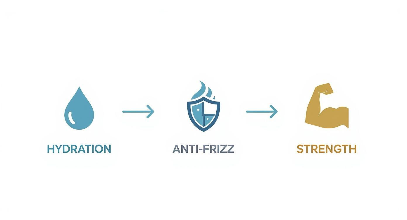 Infografía que muestra el flujo de beneficios del tratamiento botox capilar, desde la hidratación hasta el control del frizz y el fortalecimiento del cabello.