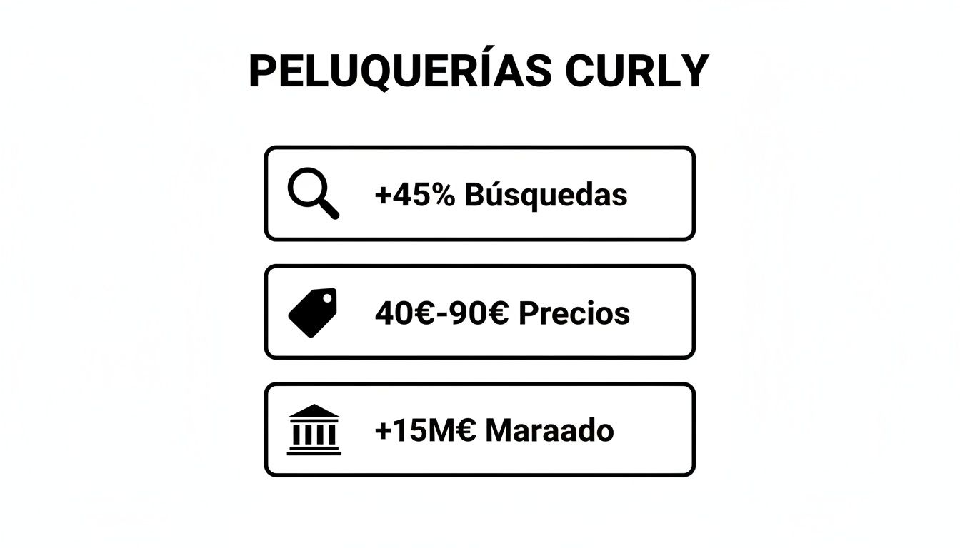 Muestra el título Peluquerías Curly con estadísticas clave: +45% búsquedas, precios entre 40€ y 90€, y +15M€ Maraado.