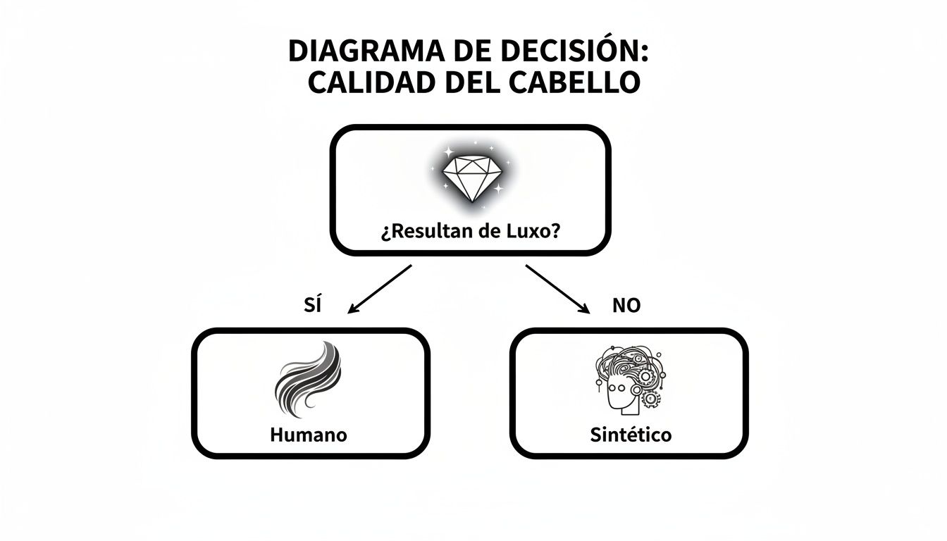 Diagrama de decisión que ilustra la calidad del cabello, distinguiendo entre humano y sintético según si es de lujo.