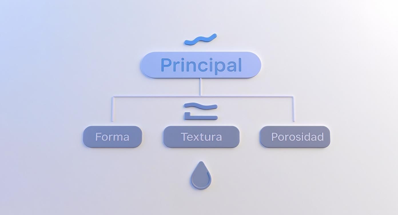 Diagrama conceptual mostrando características principales del cabello: forma, textura y porosidad con iconos ilustrativos
