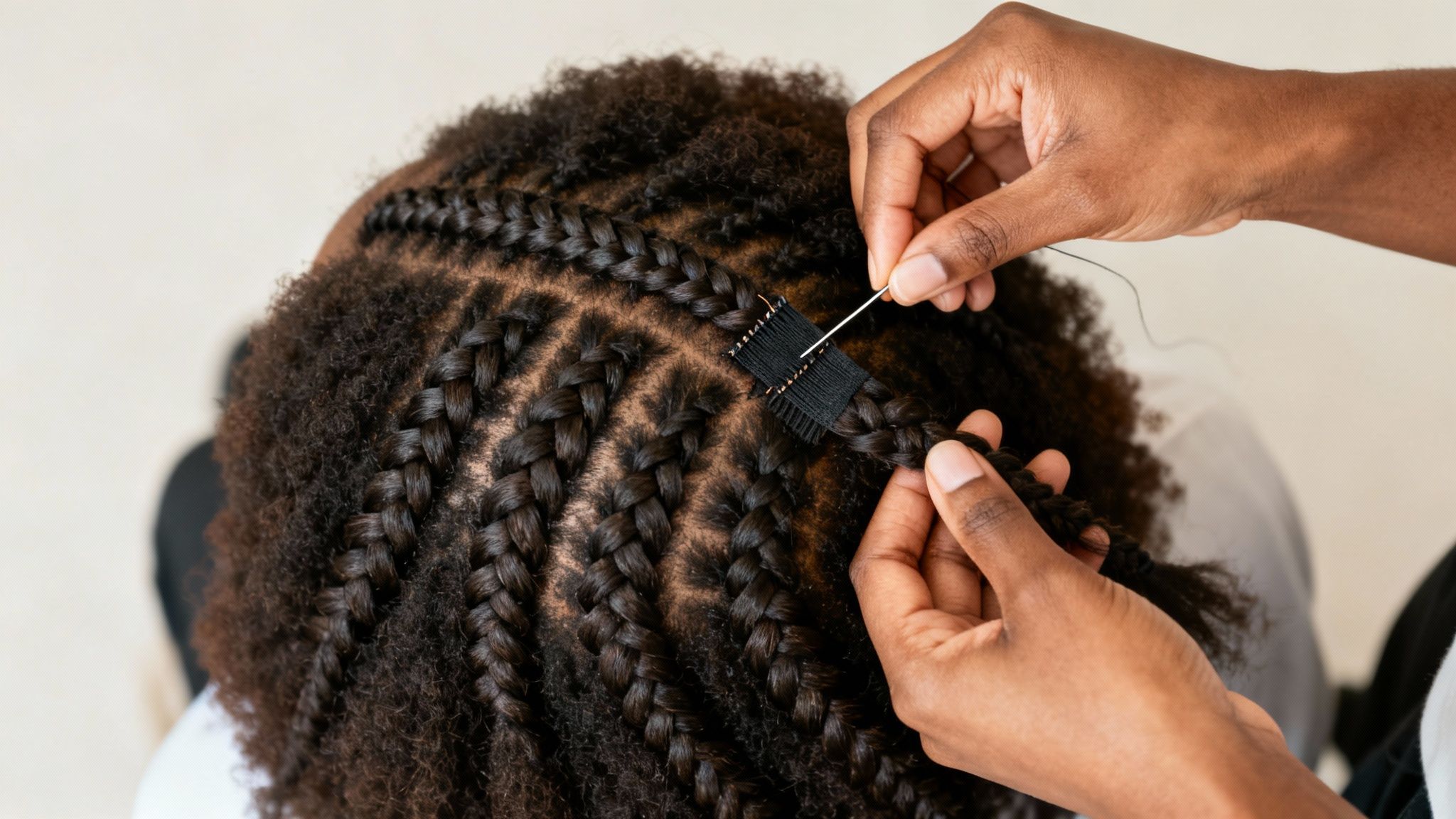 Manos tejiendo trenzas pegadas en el cabello rizado, preparando para extensiones de cabello.